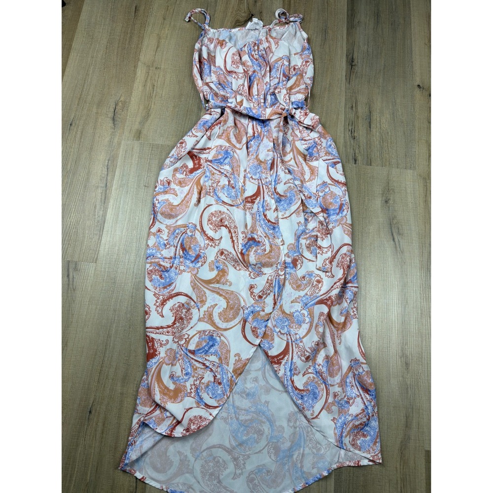 L'atiste by Amy Paisley Maxi Dress Womens Medium High Low Tie Waist Pockets Blue
